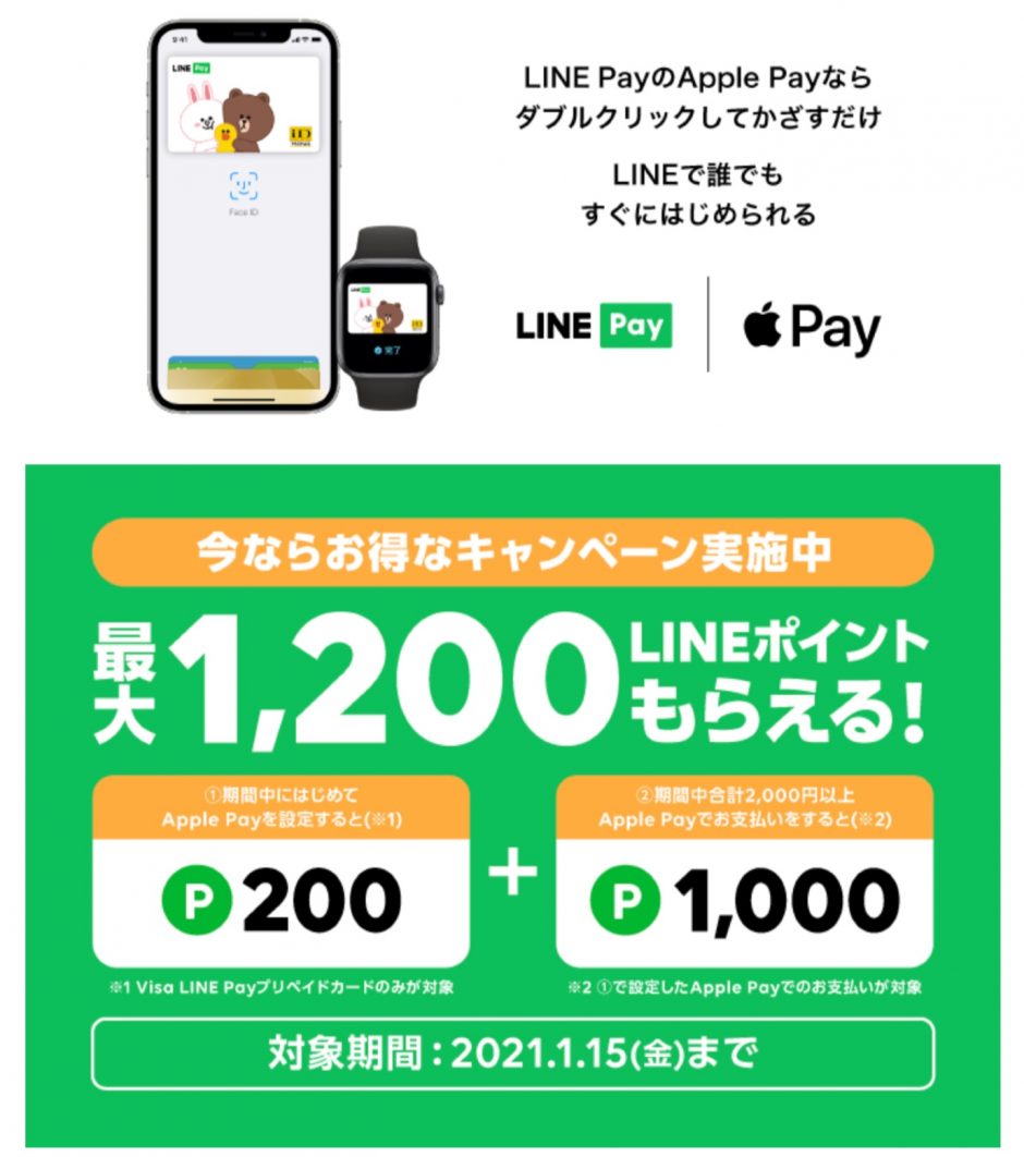 LINE PayがApple Payの設定・利用で最大1200ポイントがもらえるキャンペーン