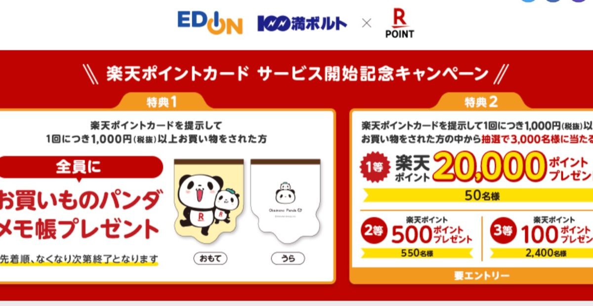 エディオングループで楽天ポイントが最大20,000ポイント当たるキャンペーンが開催中！