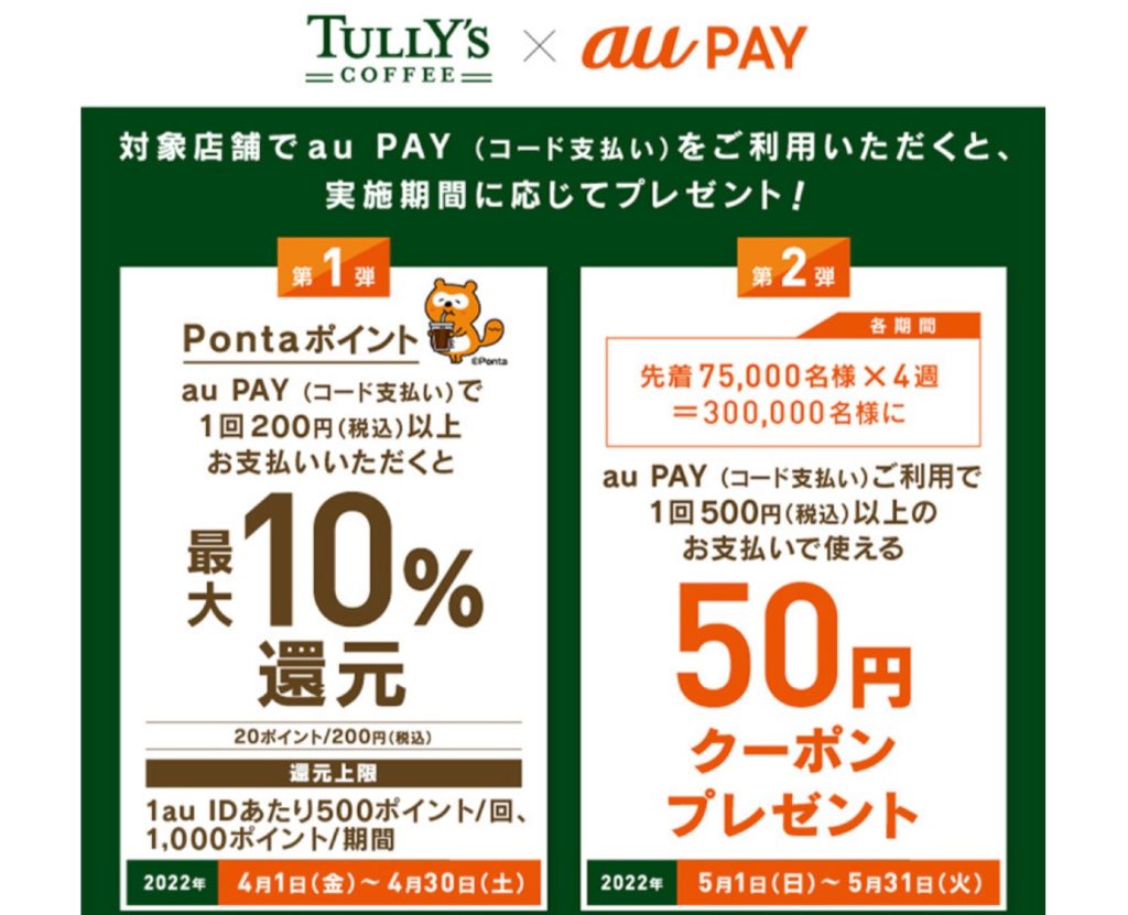 au PAYがタリーズコーヒーでの支払いで最大10％還元となるキャンペーン