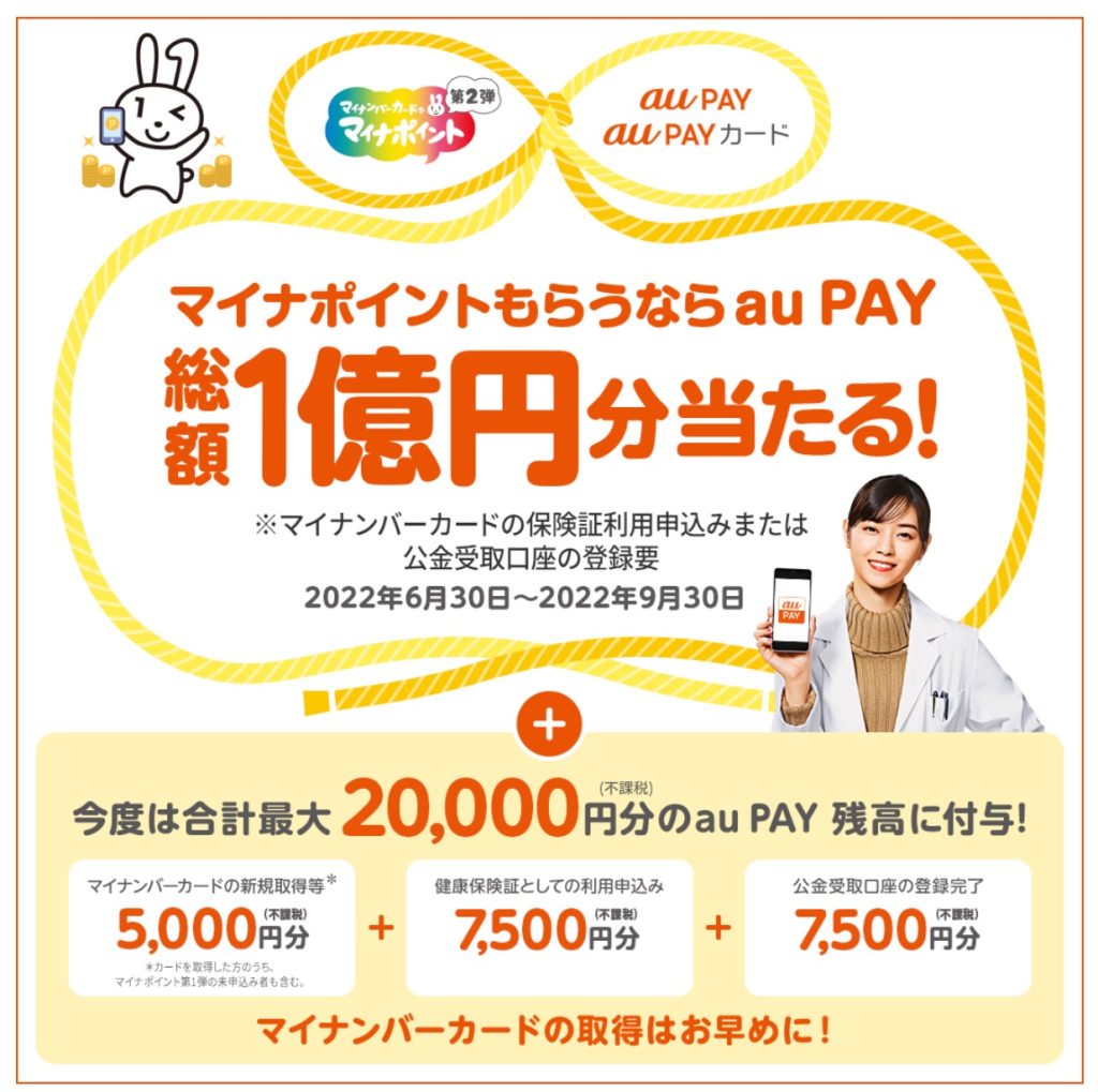 au PAY、最大2万円分もらえる「マイナポイント第2弾」を6月30日から受け付け開始