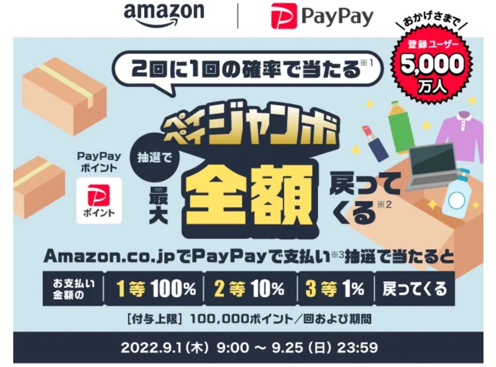  Amazon.co.jpでのお買い物で「2回に1回の確率で当たる！抽選で最大100％戻ってくる！ペイペイジャンボ」