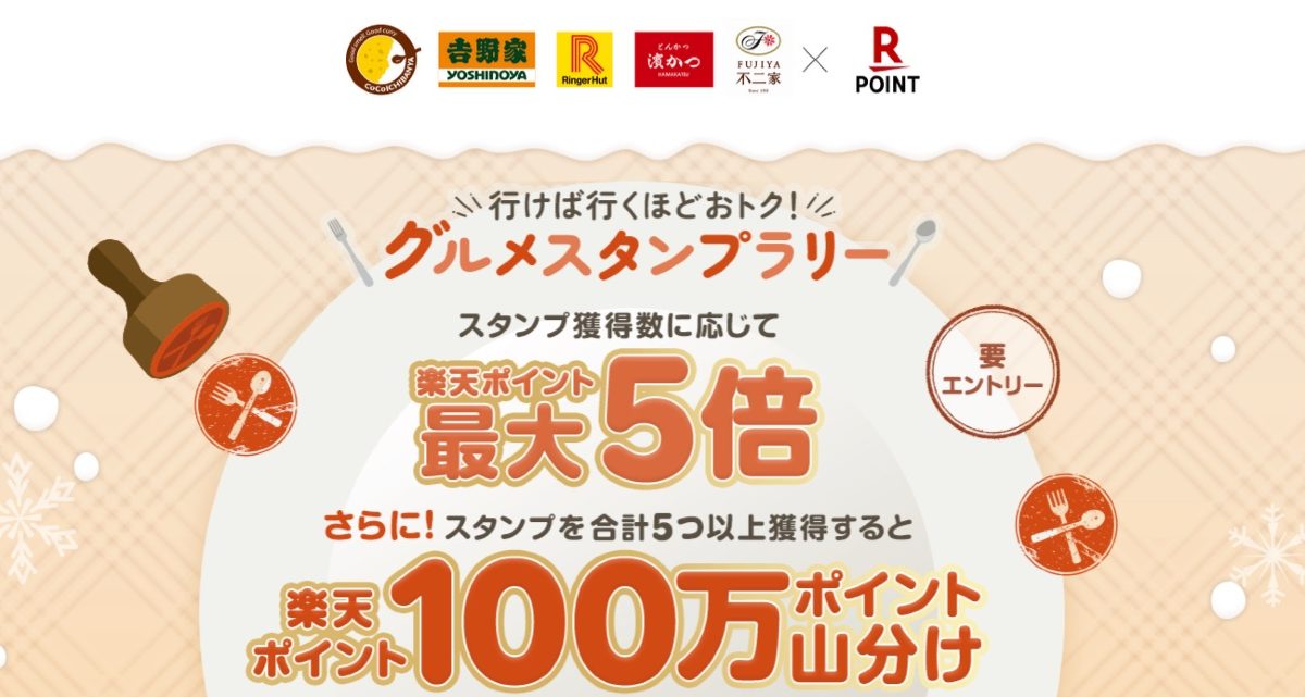 吉野家やココイチなどで楽天ポイントカードを提示すると最大5倍＆100万ポイント山分けとなるキャンペーンが開催中！