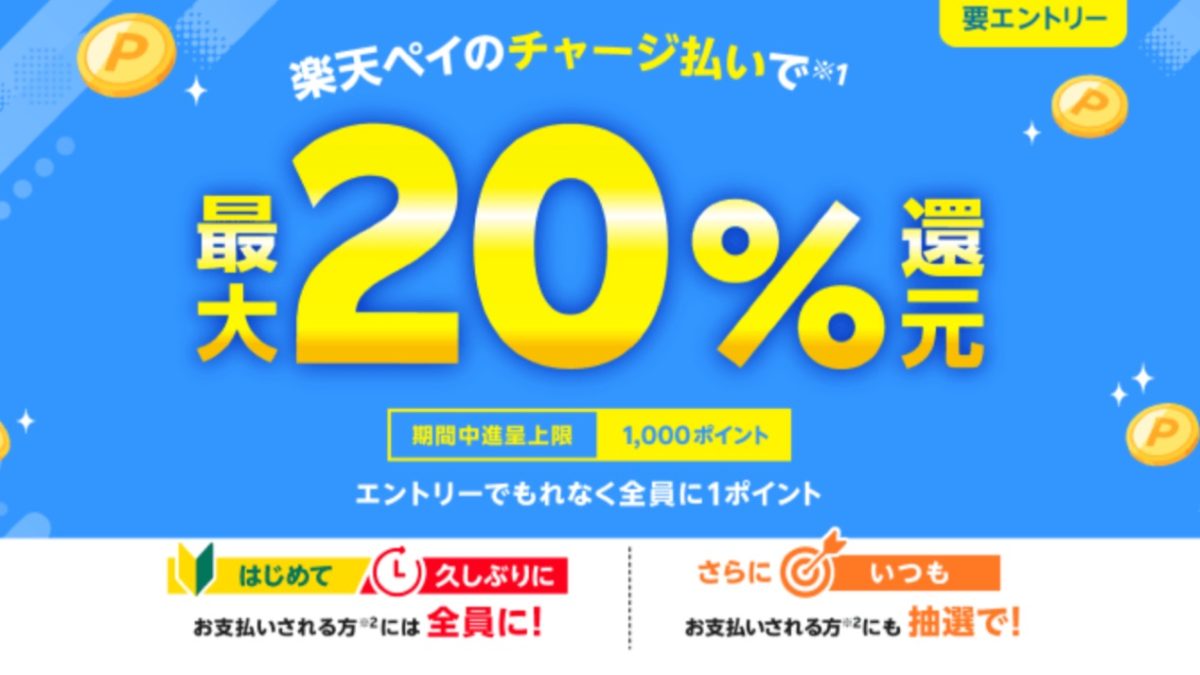 「楽天ペイ」のチャージ払いで最大20％還元となるキャンペーンが開催！