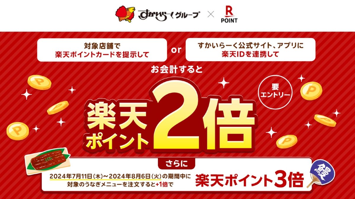 ガストなどすかいらーくグループで楽天ポイントが最大3倍になるキャンペーンが開催中！