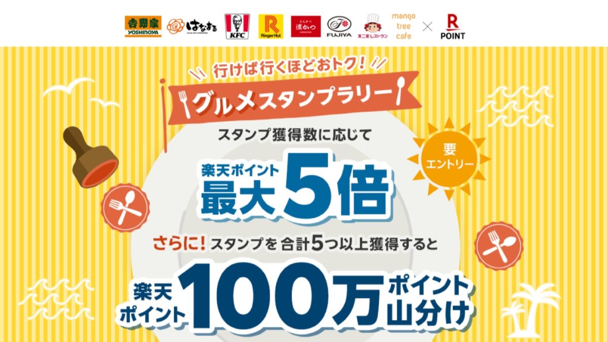 楽天が来店回数に応じて楽天ポイントが最大で5倍！「行けば行くほどおトク！グルメスタンプラリー」開催中！