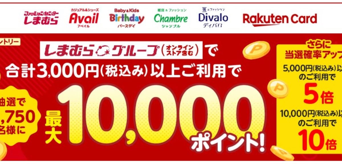 しまむらグループで楽天カードで支払うと最大1万ポイントが当たるキャンペーンが開催中！