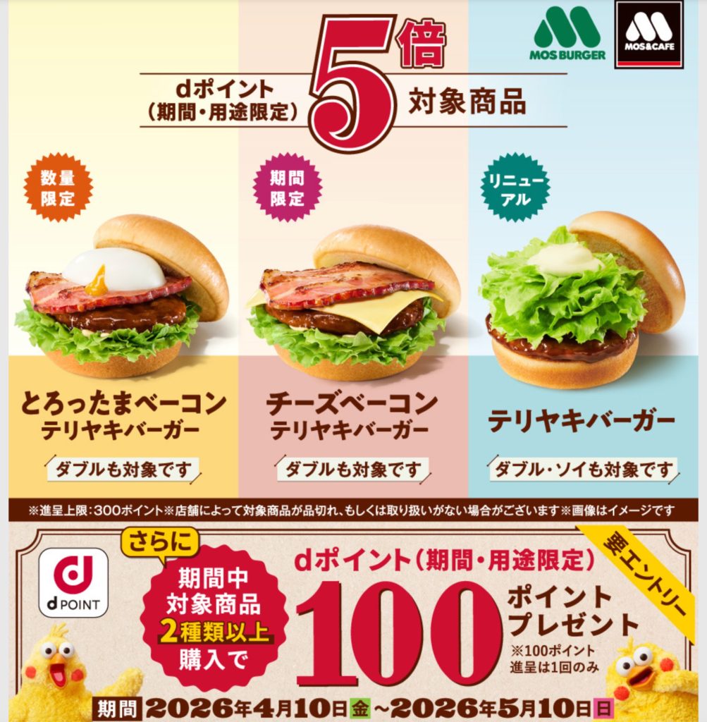 モスバーガーで「とろったまベーコン テリヤキバーガー」など対象商品を購入するとdポイント5倍還元！さらに100ポイントがもらえる！