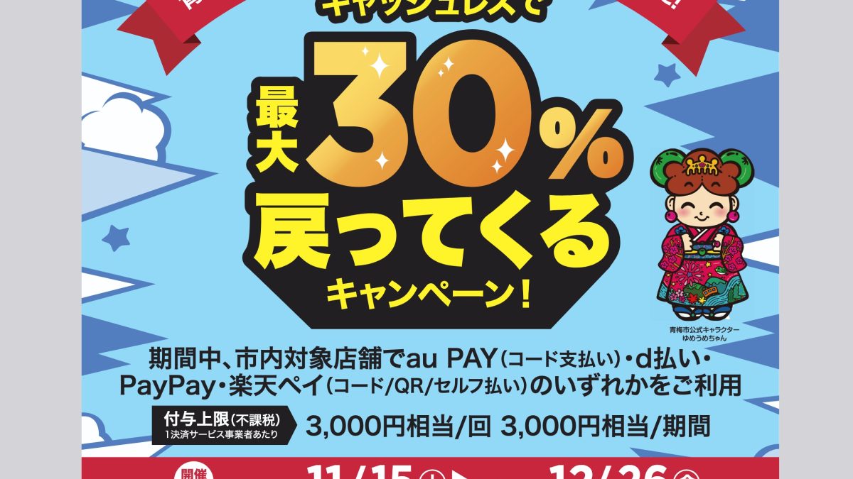 青梅市でd払い、PayPay、au PAY、楽天ペイなら最大30％還元となるキャンペーンが開催中！