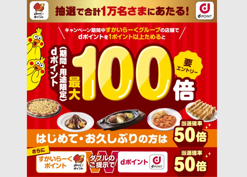 ガストなどすかいらーくグループの対象店舗でdポイントが最大100倍になるキャンペーンが開催中！