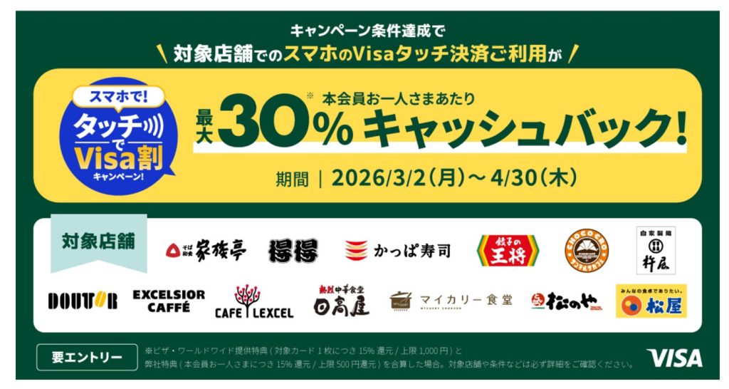 Visaがスマホのタッチ決済で「松屋」や「ドトール」など対象飲食店で最大30％還元になるキャンペーンを開催中！
