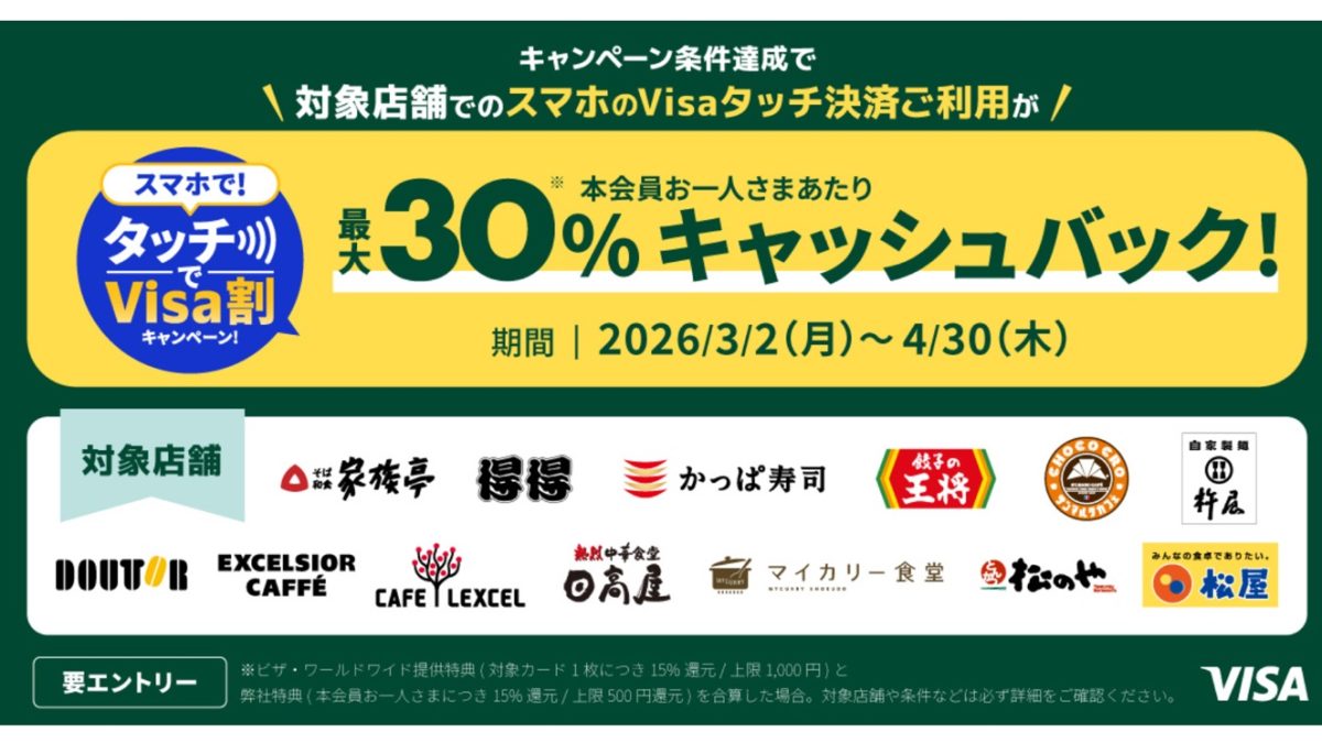Visaがスマホのタッチ決済で「松屋」や「ドトール」など対象飲食店で最大30％還元になるキャンペーンを開催中！